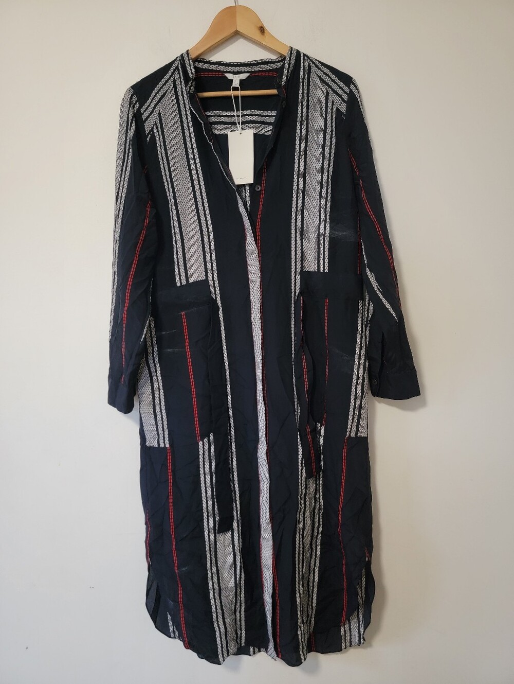 Joie Black Long Stripe Kimono Robe with White & Red Accents